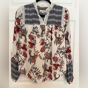 Ann Taylor Loft Long Sleeve Floral Mosaic Cream Blouse